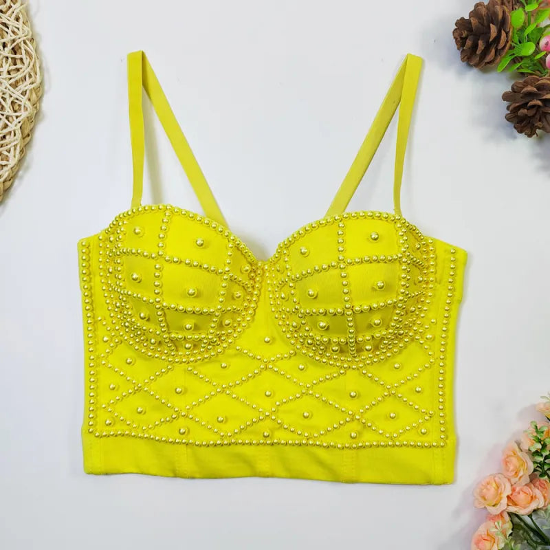 Women's Fashionable Elegant Pearl Spaghetti-strap Camisole Top With Chest Pad Rieworkes