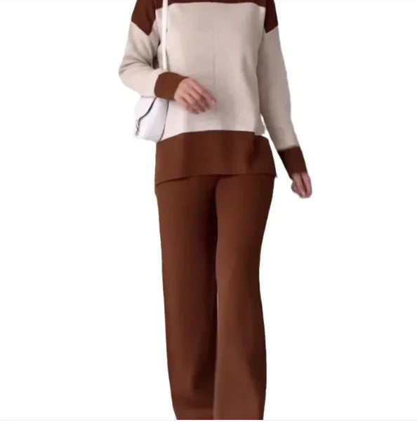 European And American Fashion Color Matching Top Loose All-match Wide Leg Pants Suit Women Rieworkes
