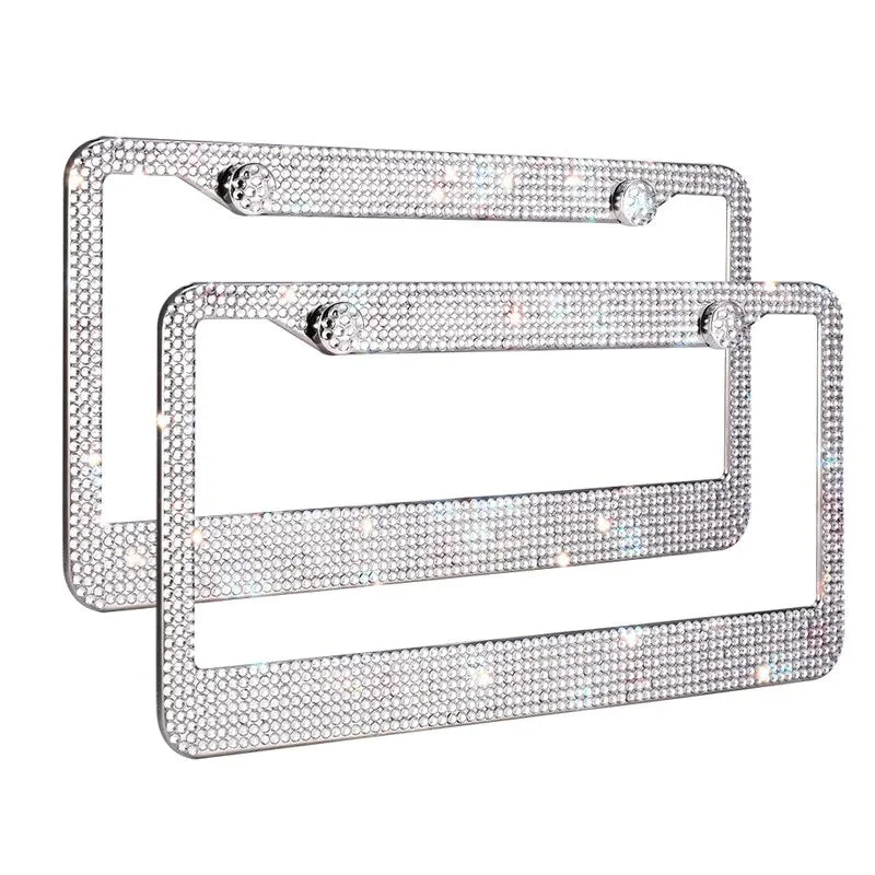 2PCS Bling License Plate Frame Glitter Crystal Sparkling Rhinestone Diamond Caps Rieworkes