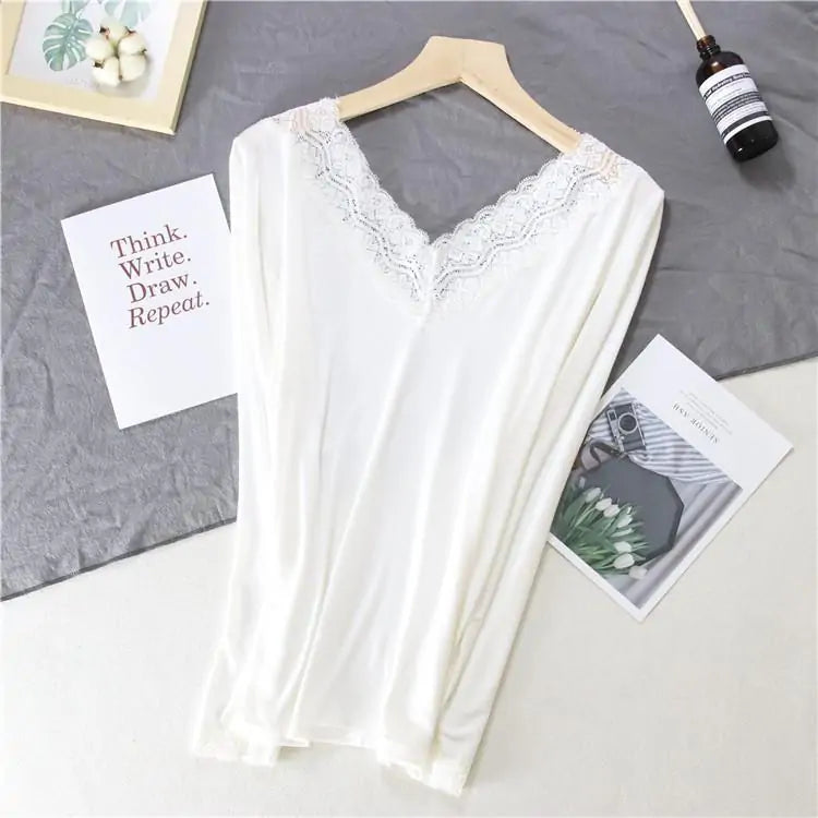 Women Lace V-neck Long-sleeved Thermal  Slim Warm Top Rieworkes