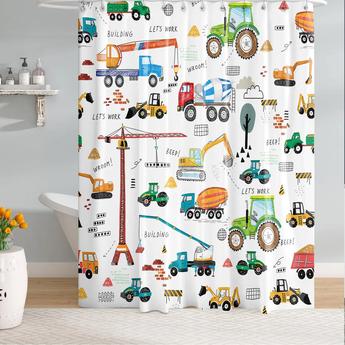 Peopleareok Excavator Kids Bathroom Shower Curtain Tractor Machinery Trucks Shower Curtain Construction Vehicle Boys Shower Curtain Kids Bathroom Shower Curtain Boys Bathroom Decor 72" W x 72" L Mimarta