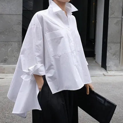 Women's White Loose Fit Irregular Long Sleeve Shirt Mimarta