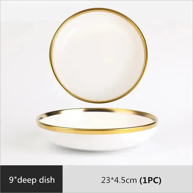 High-quality Matte Gilt Rim White Porcelain Dinner Tray Kitchen Plates Ceramic Tableware Food Dishes Rice Salad Noodles Bowl Rieworkes