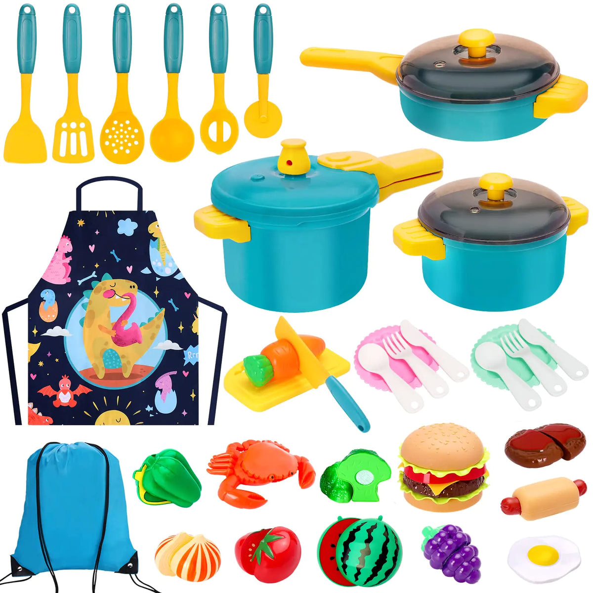 Kids Play Kitchen Accessories Set Pretend Play Cooking Toys Set Kitchen Toys Playset for Toddlers Toy Pots and Pans for Kids Kitchen with Fake Play Food Cookware Utensils Dishes Girls Boys Gift Rieworkes