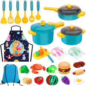 Kids Play Kitchen Accessories Set Pretend Play Cooking Toys Set Kitchen Toys Playset for Toddlers Toy Pots and Pans for Kids Kitchen with Fake Play Food Cookware Utensils Dishes Girls Boys Gift Rieworkes