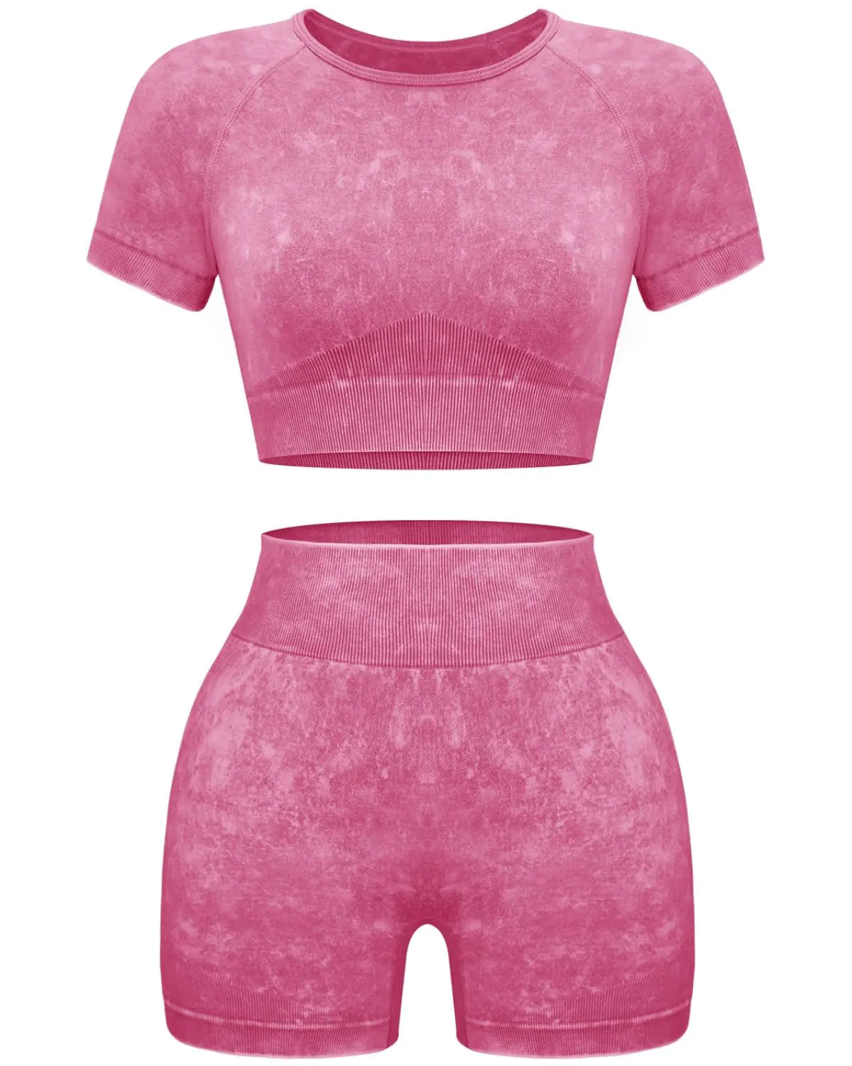 OLCHEE Womens Workout Sets 2 Piece - Seamless Acid Wash Yoga Outfits Shorts and Crop Top Matching Gym Athletic Clothing Set Short-sleeve + Shorts: Coffee Small Rieworkes