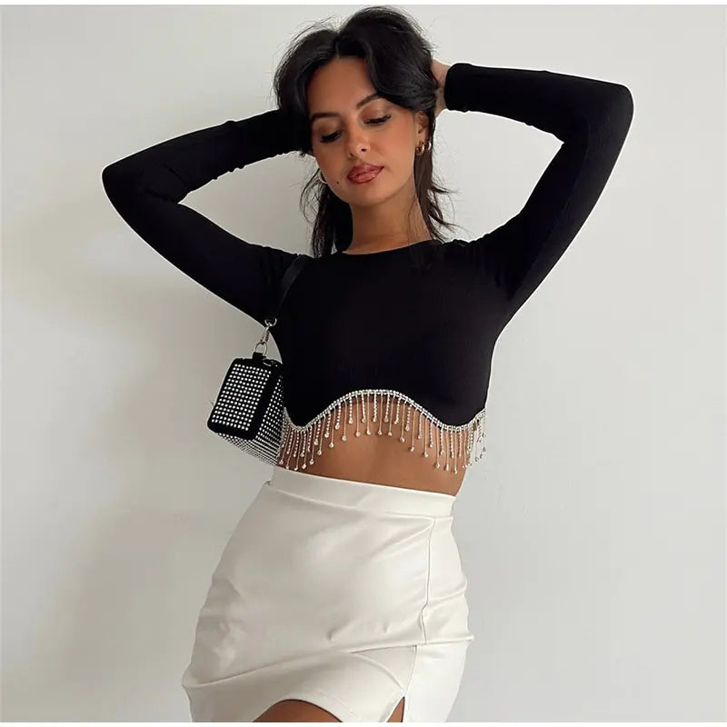 Elegant Rhinestone Tassel Cropped Top Rieworkes