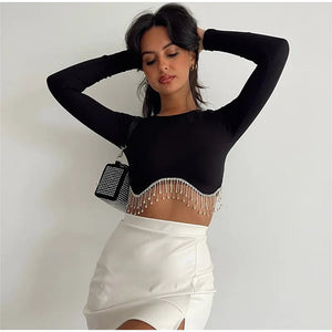 Elegant Rhinestone Tassel Cropped Top Rieworkes