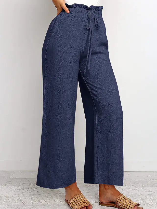Elastic Waistband Lace-up Wide Leg Pants Solid Color Cropped Pants Rieworkes