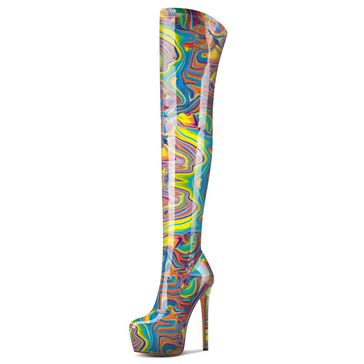 Aachcol Patent Leather Over The Knee Stiletto Boots Platform Thigh High Boots Round Toe Side Zipper Sexy Dress High Heel Boots 5.9 Inches Heels Colorful Graffiti 10 M US Mimarta