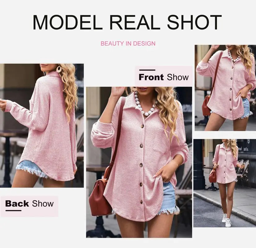 Dokotoo Womens Waffle Knit Shacket Jacket Casual Long Sleeve Button Down Shirts Dressy Blouses Tops Large Pink 1 Rieworkes