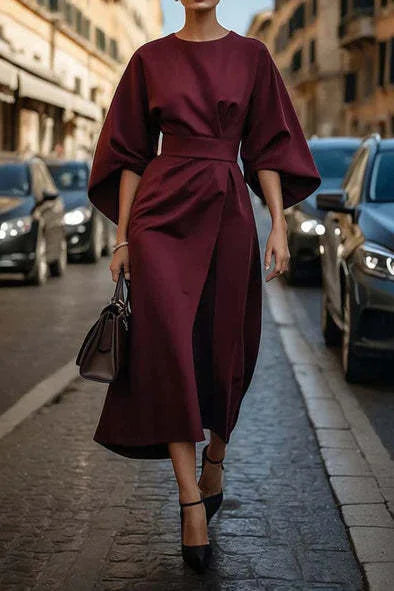 Loose Batwing Sleeve Dress Fashion Waist-tighted Solid Color Elegant Dresses For Women Clothing Mimarta