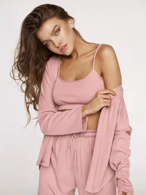 Ribbed Drop Sleeves Sleepwear Women Set Rieworkes