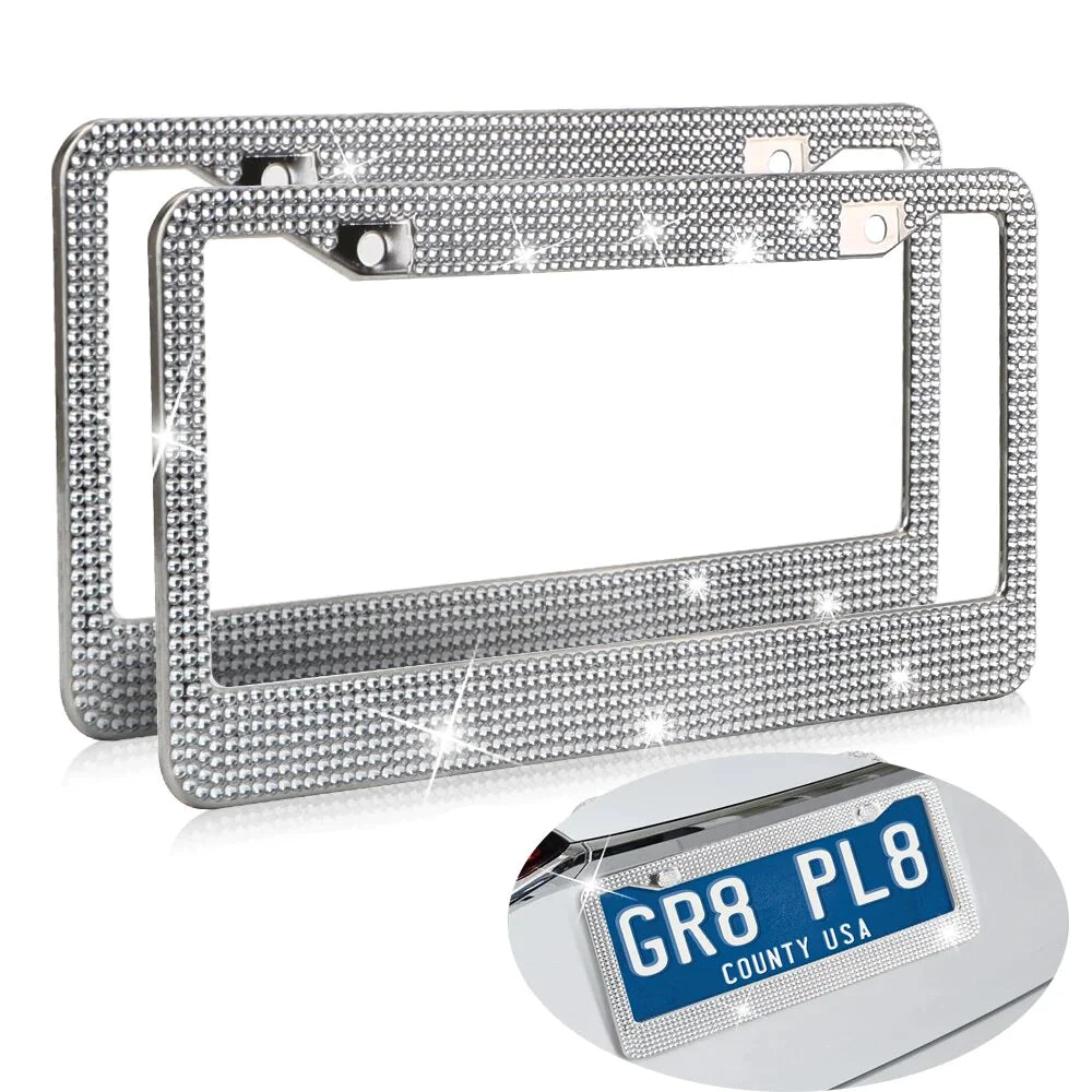 2PCS Bling License Plate Frame Glitter Crystal Sparkling Rhinestone Diamond Caps Rieworkes