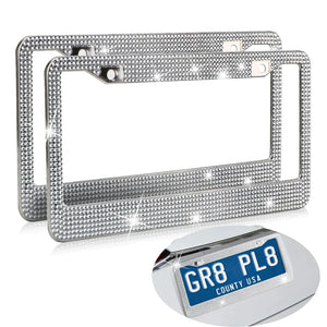 2PCS Bling License Plate Frame Glitter Crystal Sparkling Rhinestone Diamond Caps Rieworkes
