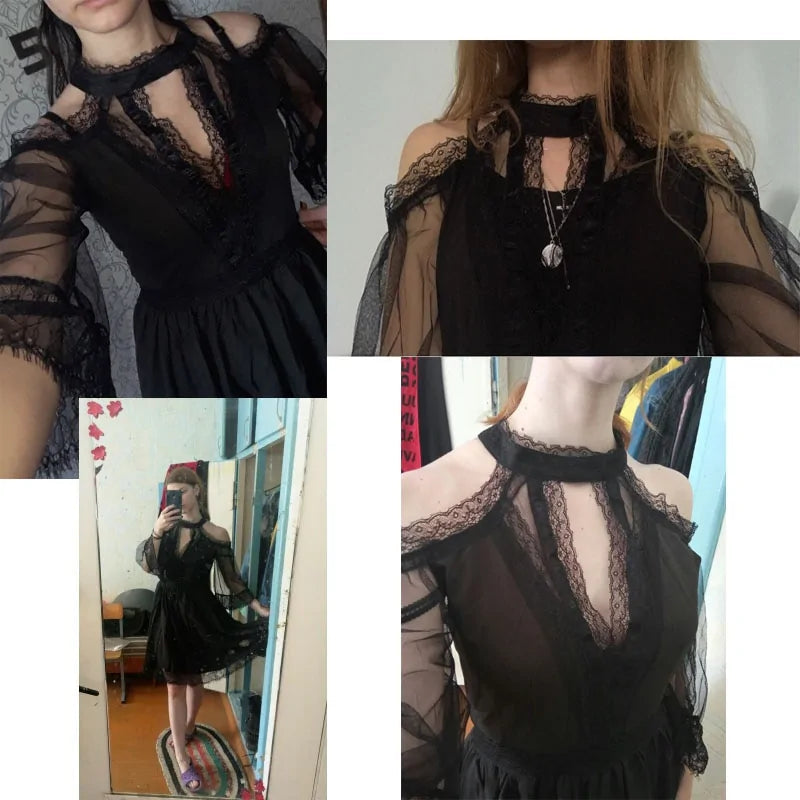 Elegant Vintage Black Mesh Lace Dress Rieworkes