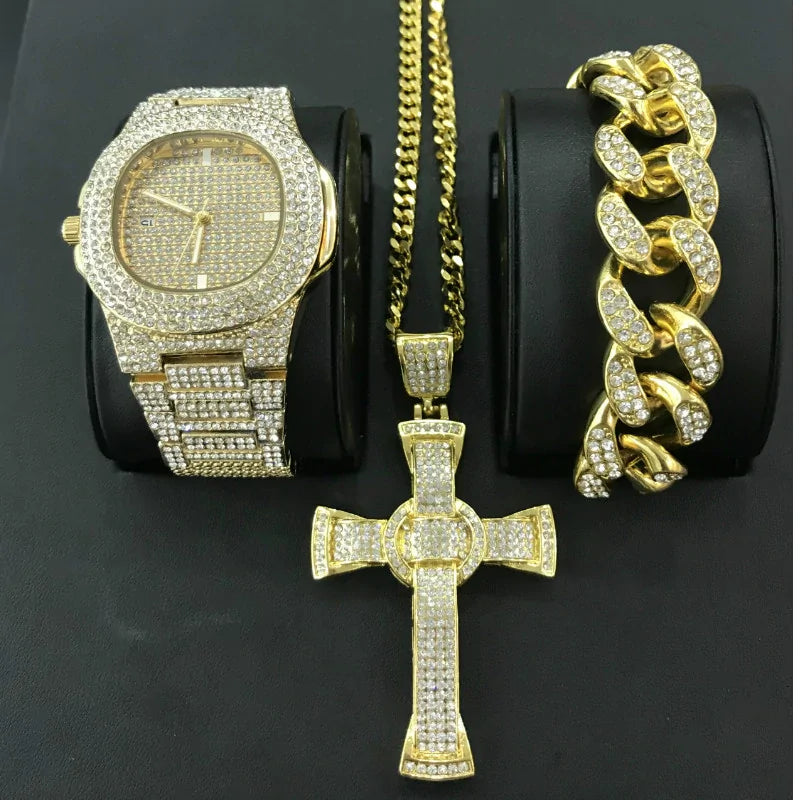 Luxury Hip Hop Diamond Cross Jewelry Combo Set Rieworkes