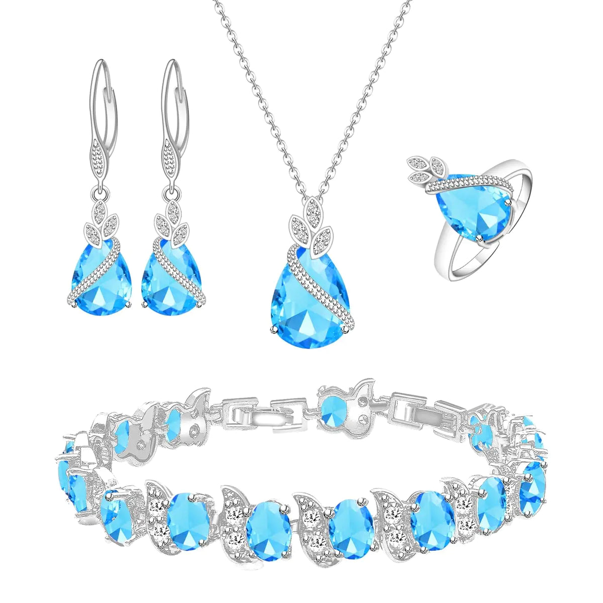 LMXXVJ Australian Crystal Jewelry Set For WomenPlatinum Plated Aquamarine Necklace Ring Earrings Bracelet Costume Jewelry Set Gifts for/Mom/Wife Rieworkes