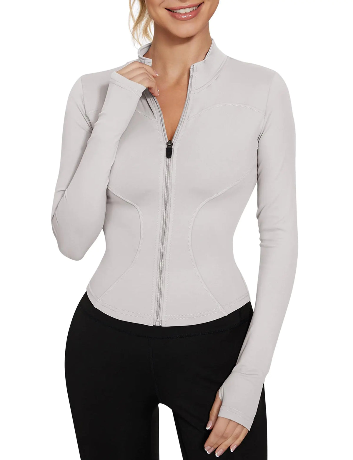 LUYAA Women's Workout Jacket Lightweight Zip Up Yoga Jacket Cropped Athletic Slim Fit Tops Ivory Grey Medium Rieworkes