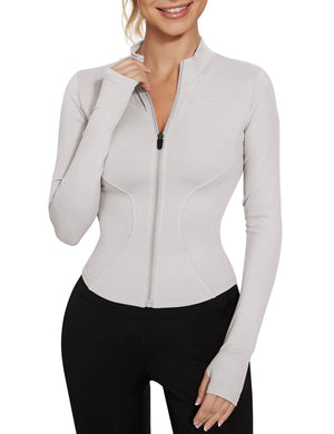 LUYAA Women's Workout Jacket Lightweight Zip Up Yoga Jacket Cropped Athletic Slim Fit Tops Ivory Grey Medium Rieworkes