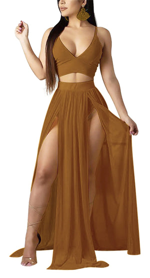 Women Sexy 2 Piece Outfits Dress Chiffon Strap Deep V Neck Bra Crop Top High Split Maxi Dresses Skirt Set Swimwear Cover Ups Camel Large Mimarta
