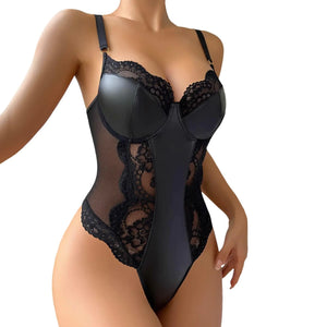 Sexy Womens Plus Size Lingerie Leather Mesh Bra Wetlook Snap Crotch Sleeveless Spaghetti Strap One Piece High Cut Bodysuit Leotard Deep V Halter Cut Out Fishnet Body Suit Bridal Lingerie Negligee Mimarta
