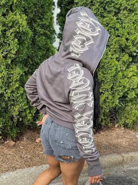 Women Winter Letter Printed Zip Up Hoodie Rieworkes