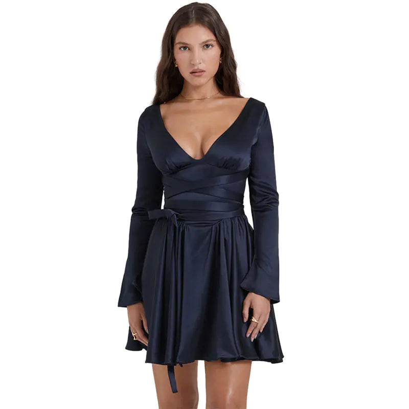 Fashionable V-Neck Backless Dress with Waist Tie Mimarta