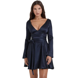 Fashionable V-Neck Backless Dress with Waist Tie Mimarta