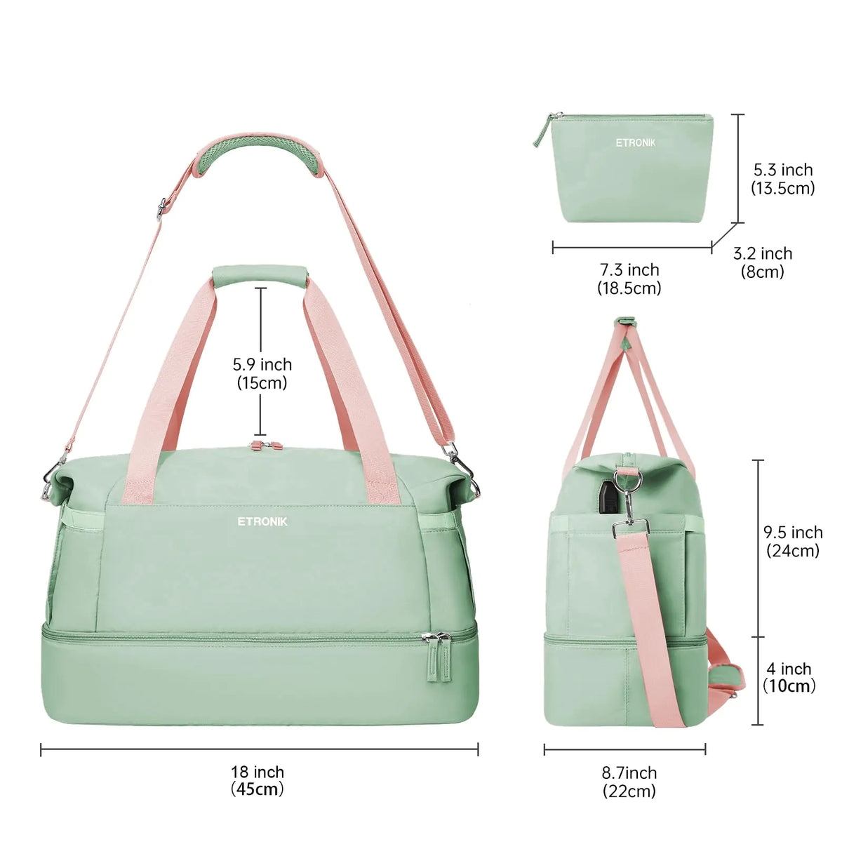 ETRONIK Gym Bag for Women, Travel Duffel Bag with USB Charging Port, Weekender Overnight Bag with Wet Pocket & Shoes Compartment for Women, Travel, Gym, Yoga (Green Pink) Medium Pink Green Rieworkes