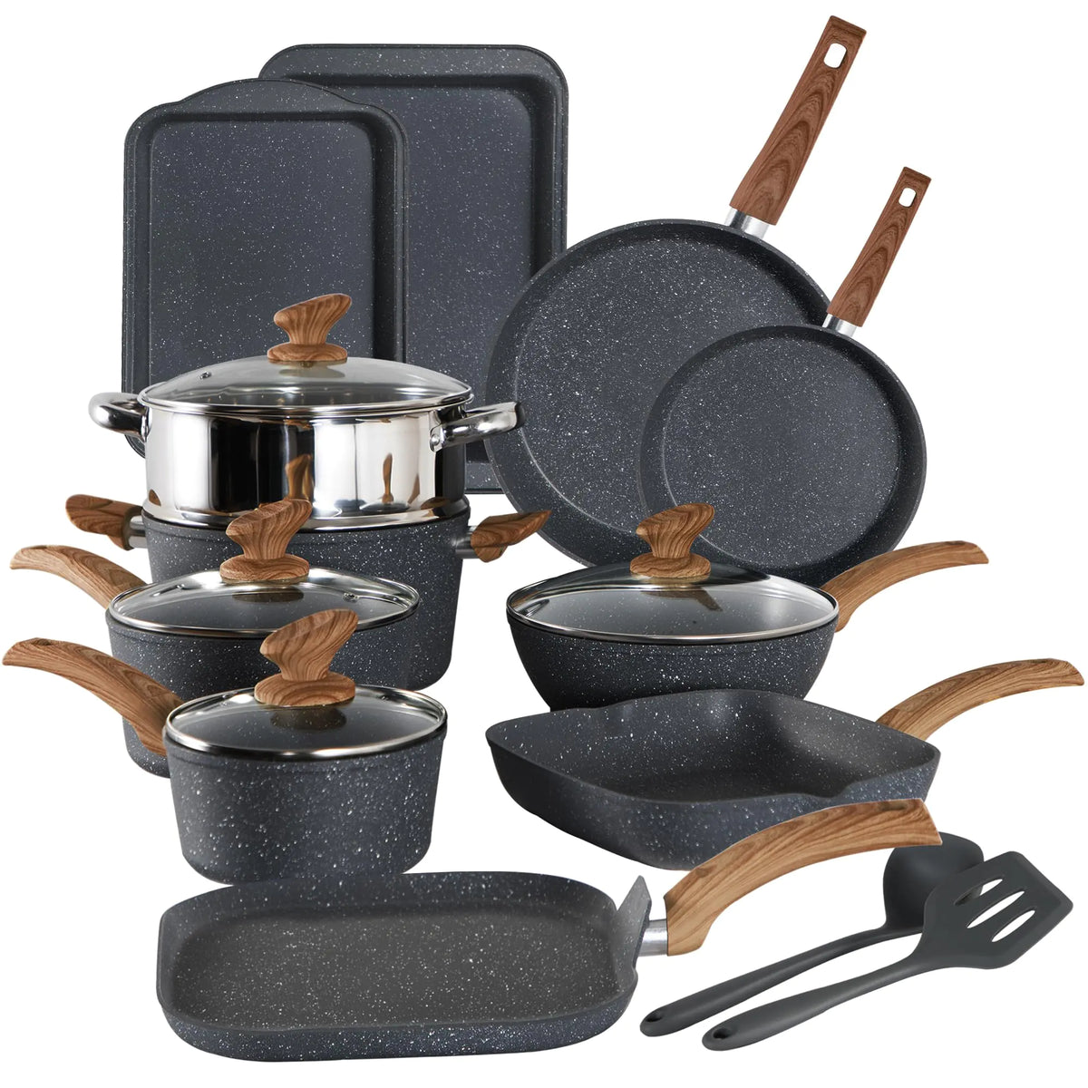 Kitchen Academy Induction Cookware Set-17 Piece Non-stick Cooking Pan Set Black Granite Pots and Pans Set Rieworkes