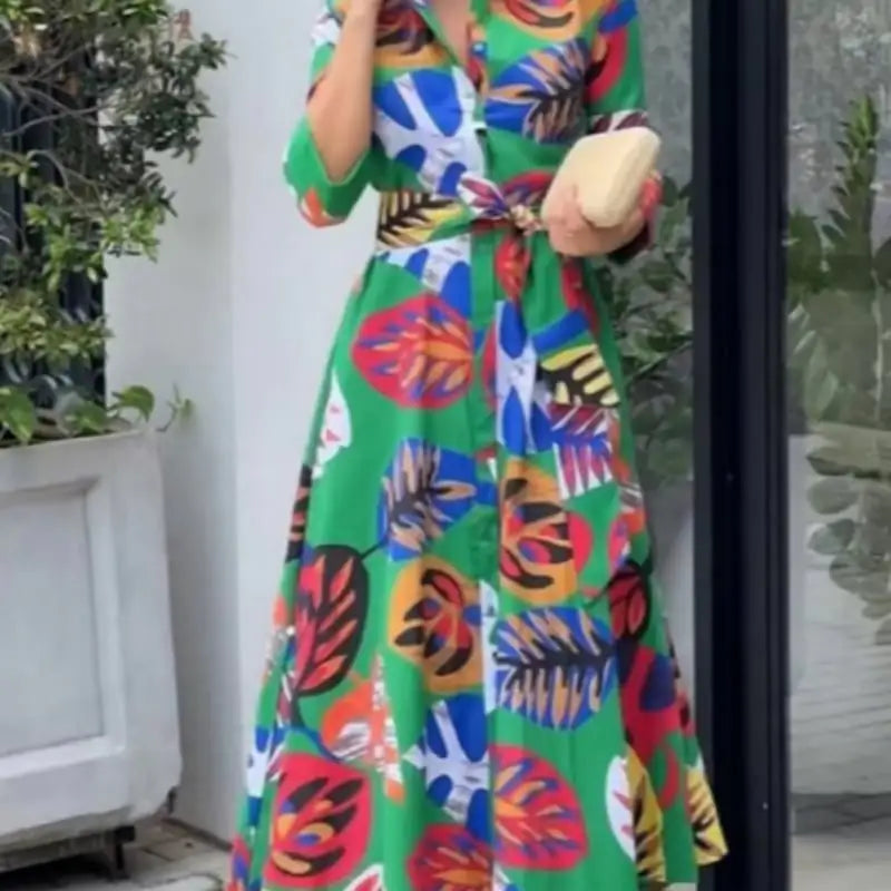 Printed Long Sleeve Button-Up Shirt Dress for Fashion Rieworkes