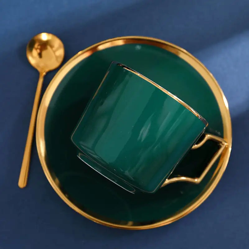 Dark Green Ceramic Coffee Cup with Spoon and Saucer Mimarta