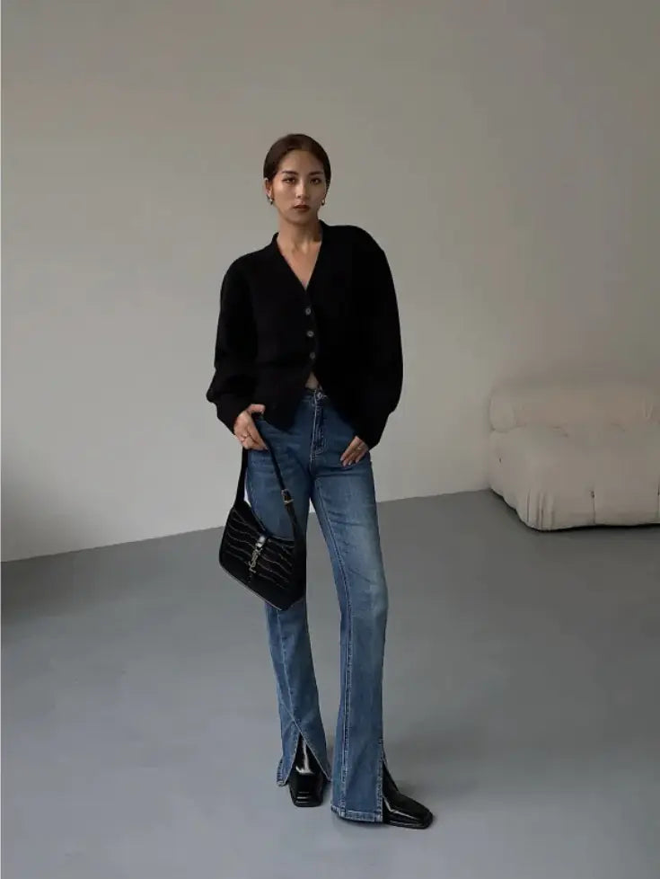 Fashion V-neck Sweater Coat Women New Style Short Long Sleeves Rieworkes