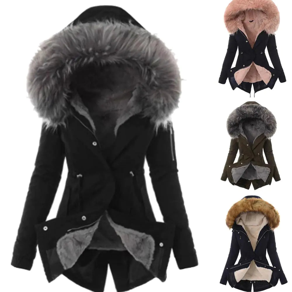 Casual Long Cotton Puffer Coat with Faux Fur Hood Mimarta