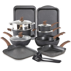 MAISON ARTS 17 Piece Pots and Pans Set Non Stick Kitchen Cookware Sets with Nonstick Granite Stone Coating Suitable for Induction Cooktops Black Mimarta
