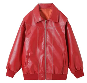 Loose Fashion Lapel Zip-up Jacket Cool Long Sleeve Zipper Closure Moto Biker Leather Jacket Women's Clothing Rieworkes