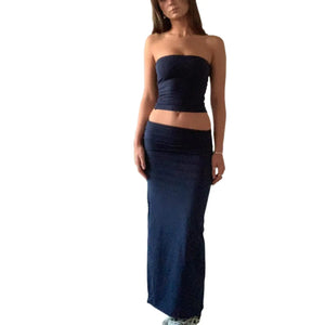 Women Y2K Skirt Set Outfits Strapless Crop Top Bodycon Midi Skirt Dress Sexy 2 Piece Knit Outfits Skirt Summer(J-BlackS) Mimarta