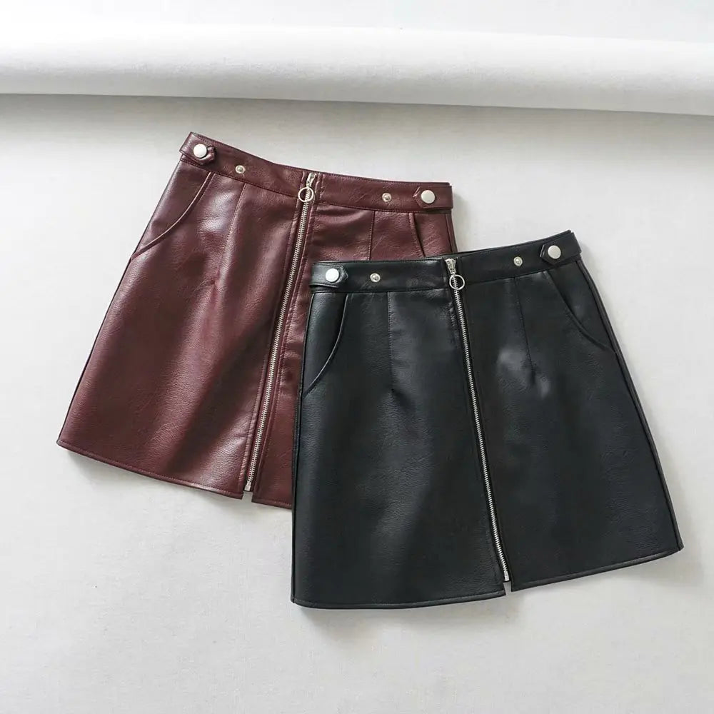High Waist Slim Zipper A-Line PU Leather Mini Skirt Rieworkes