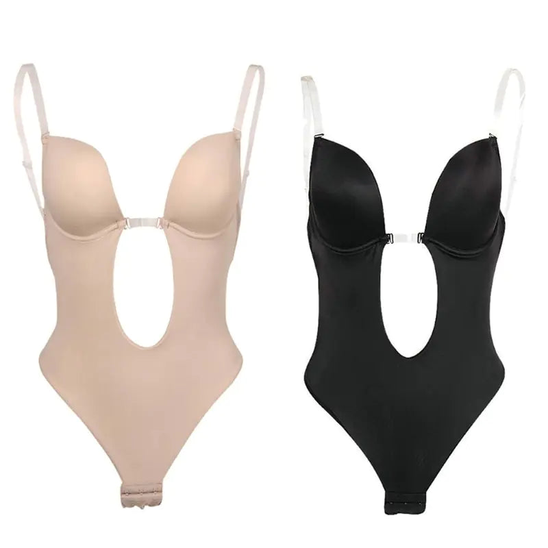 Women Sexy U Plunge Backless Bodysuit Deep V-Neck Seamless Thong Bottom Underwear Padded Push Up Body Shapewear Top for M6CD Rieworkes