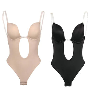 Women Sexy U Plunge Backless Bodysuit Deep V-Neck Seamless Thong Bottom Underwear Padded Push Up Body Shapewear Top for M6CD Rieworkes