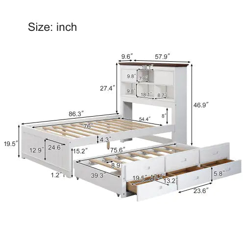 Solid Pine Captain Bookcase Bed With Trundle Bed And 3 Spacious Under Bed Drawers In Casual,Full, White Walnut Rieworkes
