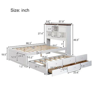 Solid Pine Captain Bookcase Bed With Trundle Bed And 3 Spacious Under Bed Drawers In Casual,Full, White Walnut Rieworkes