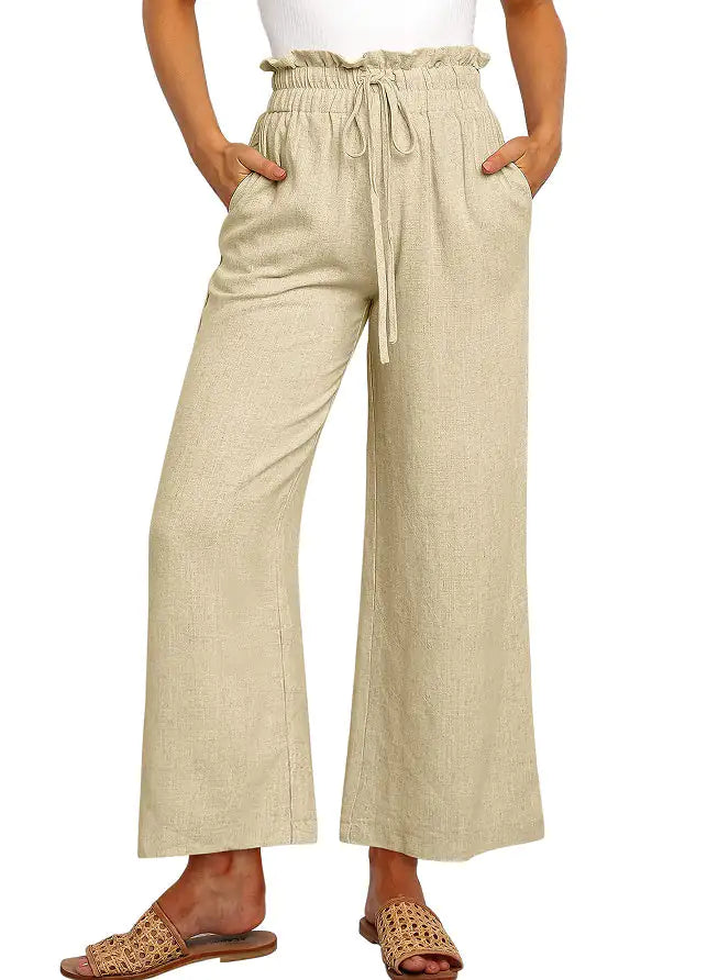 Elastic Waistband Lace-up Wide Leg Pants Solid Color Cropped Pants Rieworkes