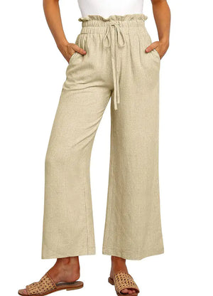 Elastic Waistband Lace-up Wide Leg Pants Solid Color Cropped Pants Rieworkes