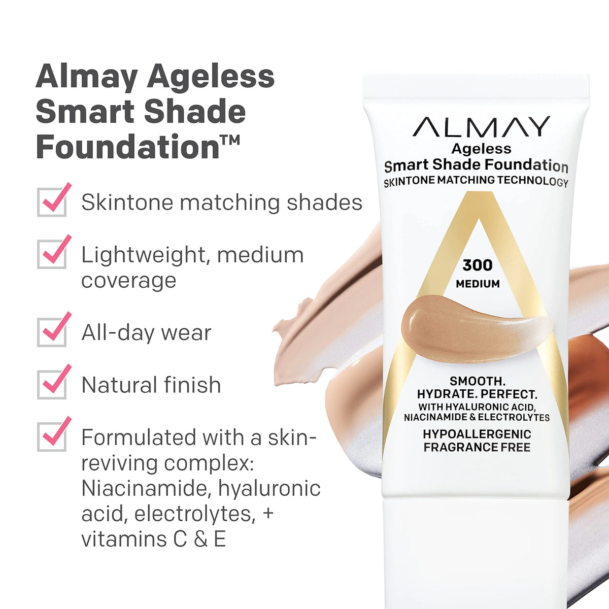 Almay Anti-Aging Foundation, Smart Shade Face Makeup with Hyaluronic Acid, Niacinamide, Vitamin C & E, Hypoallergenic-Fragrance Free, 100 Light, 1 Fl Oz (Pack of 1) 1 Fl Oz (Pack of 1) Rieworkes
