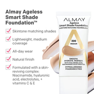 Almay Anti-Aging Foundation, Smart Shade Face Makeup with Hyaluronic Acid, Niacinamide, Vitamin C & E, Hypoallergenic-Fragrance Free, 100 Light, 1 Fl Oz (Pack of 1) 1 Fl Oz (Pack of 1) Rieworkes