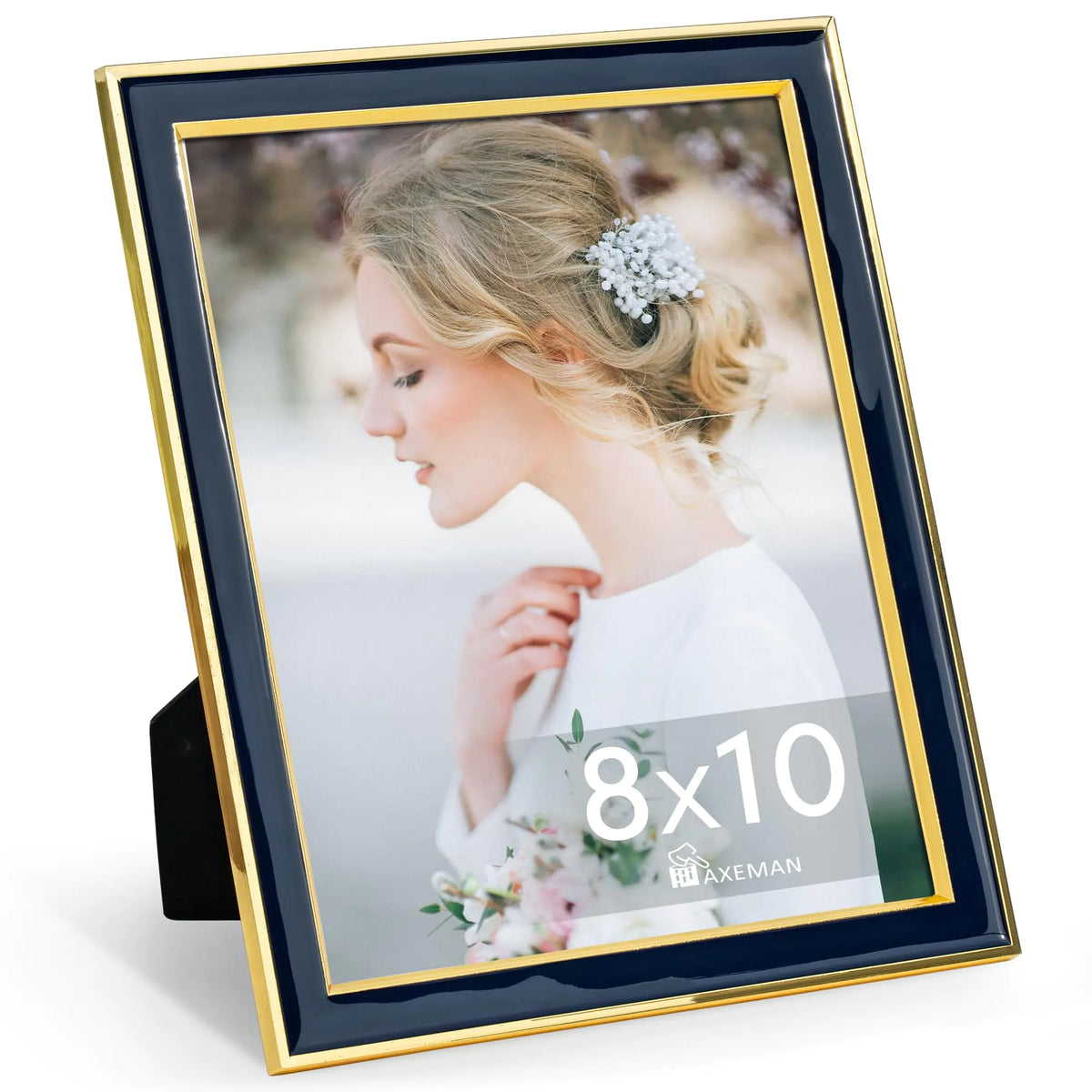 Axeman 8x10 Picture Frames Navy Blue Enamel with Gold Metal Edge and Real Glass Wall Mounted or Tabletop Display for Shelf Desk & Countertop Decor Mimarta