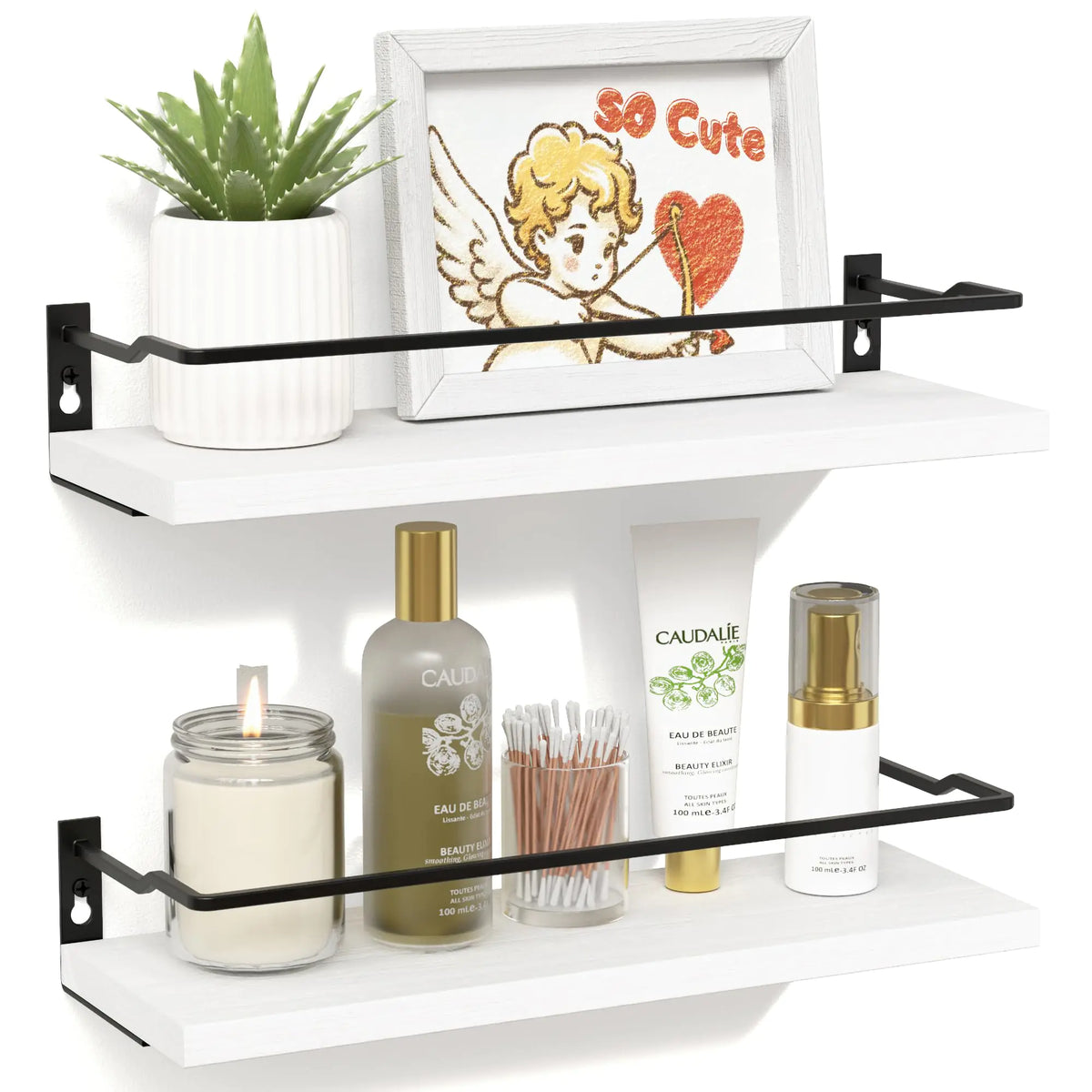RICHER HOUSE White Bathroom Shelves Small Floating Wall Shelf for Bathroom Decor Wall Mounted Wood Shelves Bathroom Wall Organizer Over Toilet Storage Guard-Rail Kitchen Shelves Set of 2 - White Mimarta