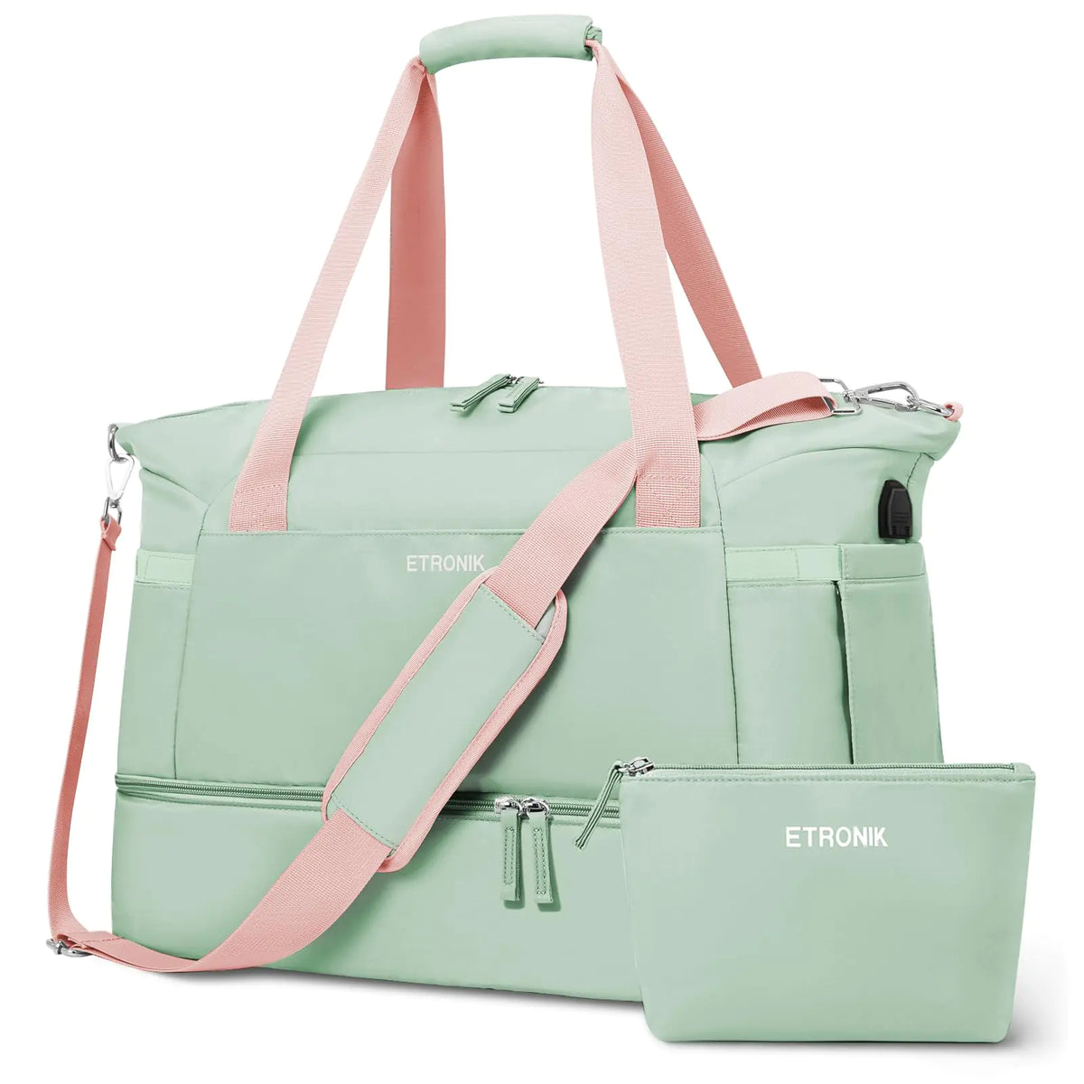 ETRONIK Gym Bag for Women, Travel Duffel Bag with USB Charging Port, Weekender Overnight Bag with Wet Pocket & Shoes Compartment for Women, Travel, Gym, Yoga (Green Pink) Medium Pink Green Rieworkes